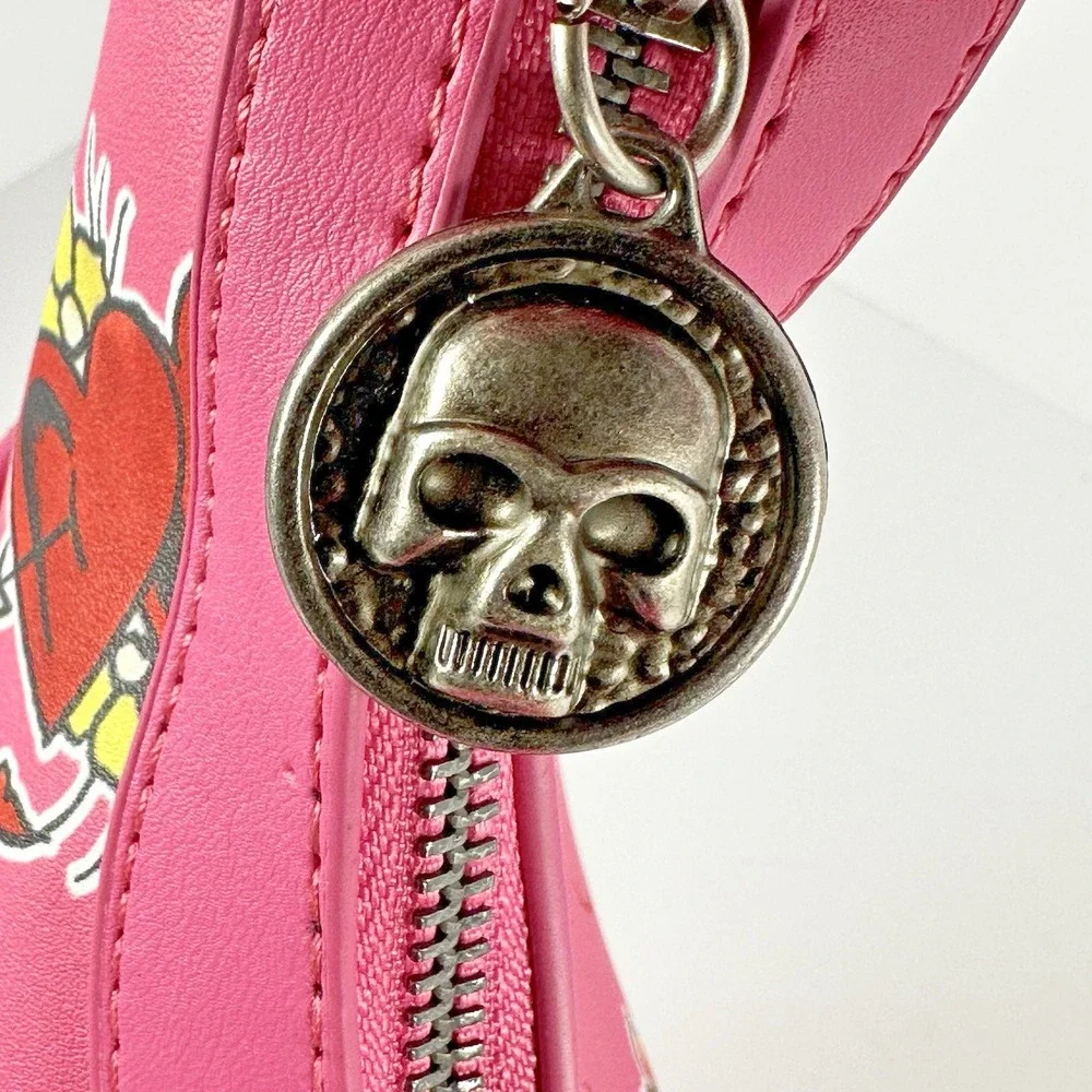 Ed Hardy Pink Tattoo Print Studded Hobo Shoulder Bag Skull Y2K Punk